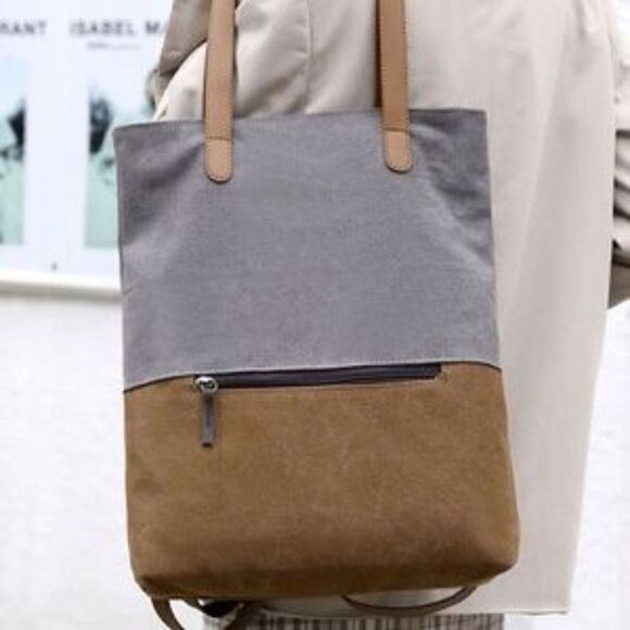 New Boho Canvas grey tan color block vegan leather mini backpack - Picture 2 of 11